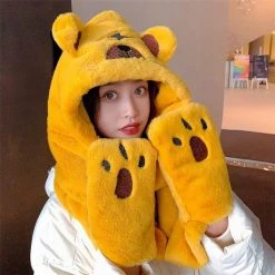Juwas Cute Bear Hooded Scarf Gloves