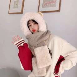 Juwas Lovely Ear Hooded Scarf Gloves CLOTHING
