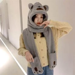 Juwas Cute Bear Hooded Scarf Gloves
