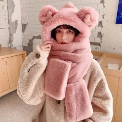 Juwas NEW ARRIVAL Bear Ear Hooded Scarf Gloves