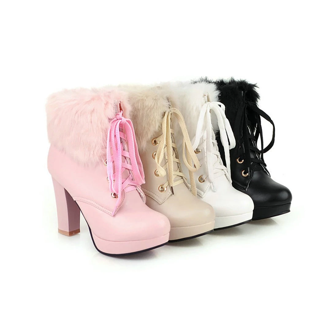 Juwas Fluffy Lace-up High Heel Boots Shoes 6 Juwas Fluffy Lace-up High Heel Boots Shoes