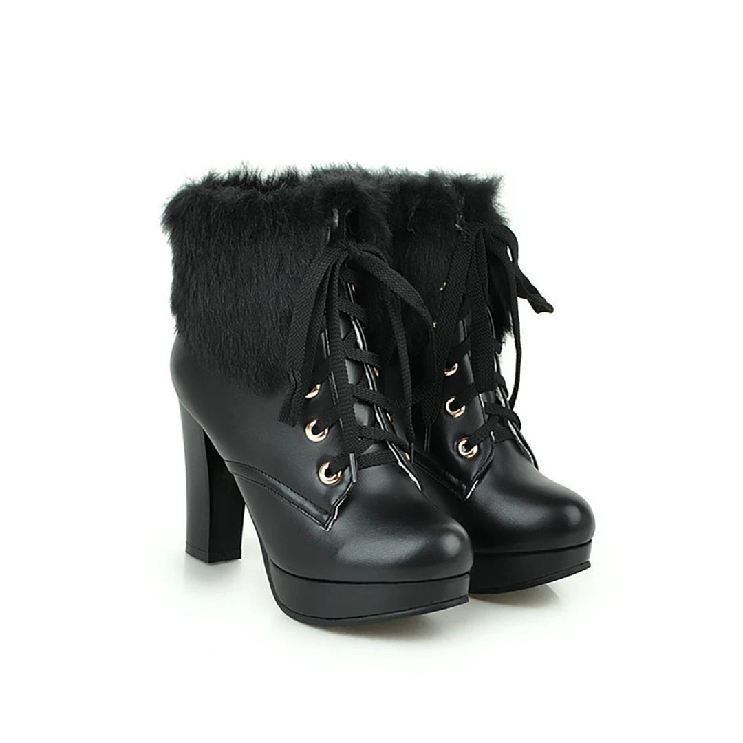 Juwas Fluffy Lace-up High Heel Boots Shoes 14 Juwas Fluffy Lace-up High Heel Boots Shoes
