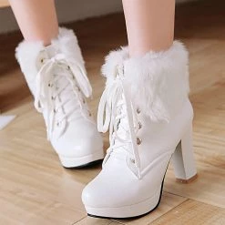 Juwas Fluffy Lace-up High Heel Boots Shoes