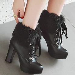 Juwas Fluffy Lace-up High Heel Boots Shoes 19 Juwas Fluffy Lace-up High Heel Boots Shoes
