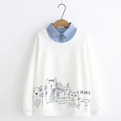 Juwas Cute Cat Print Fake Under Polo Sweater
