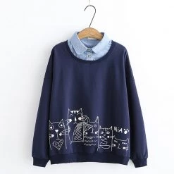 Juwas Cute Cat Print Fake Under Polo Sweater