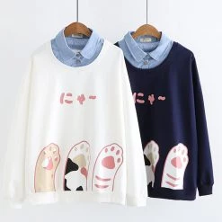Juwas Japanese Cat Paw Fake Polo Sweater