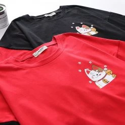 Juwas Japanese Lucky Cat Print T-shirt