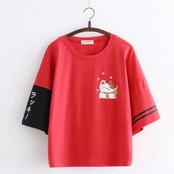 Juwas Japanese Lucky Cat Print T-shirt