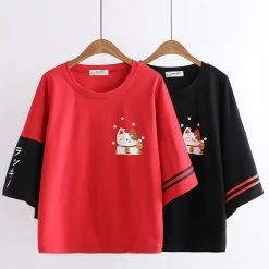 Juwas Japanese Lucky Cat Print T-shirt