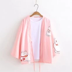Juwas Japanese Lucky Cat Print Sunscreen Cardigan Outerwear Kimono