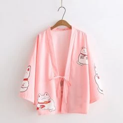 Juwas Japanese Lucky Cat Print Sunscreen Cardigan Outerwear Kimono