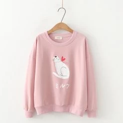 Juwas.com Online Store NEW ARRIVAL Cat Love Heart Print Round Collar Students Hoodie