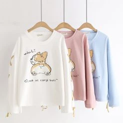 Juwas CLOTHING Cute Corgi Print Lace Up Sweatshirt