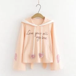 Juwas Give You All My Love Print Rabbit Ears Long Sleeve Hoodie NEW ARRIVAL
