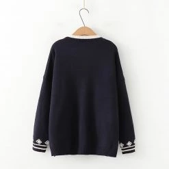 Juwas Cute Bunny V-Neck Pocket Knitted Sweater