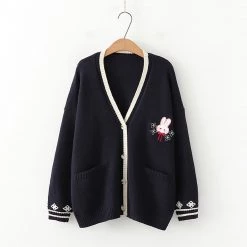 Juwas Cute Bunny V-Neck Pocket Knitted Sweater