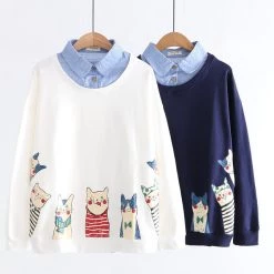 Juwas Kawaii Cats Print Fake Under Polo Sweater