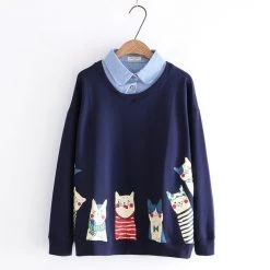 Juwas Kawaii Cats Print Fake Under Polo Sweater