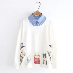Juwas Kawaii Cats Print Fake Under Polo Sweater
