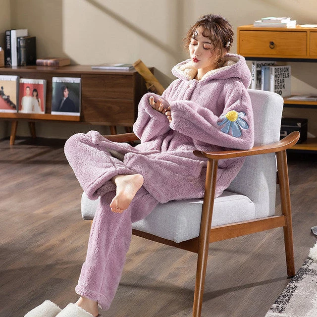 Juwas CLOTHING Sweet Lavender Daisy Fluffy Hooded Night Pajama Set 6 Juwas CLOTHING Sweet Lavender Daisy Fluffy Hooded Night Pajama Set