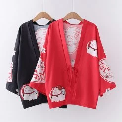 Juwas Lucky Cat Sakura Print Outerwear Kimono CLOTHING