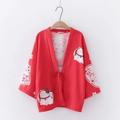 Juwas Lucky Cat Sakura Print Outerwear Kimono CLOTHING
