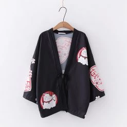 Juwas Lucky Cat Sakura Print Outerwear Kimono CLOTHING