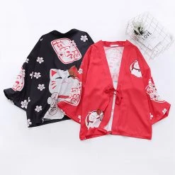Juwas Lucky Cat Sakura Print Outerwear Kimono CLOTHING