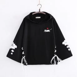 Juwas Kawaii Kitty Print Laced Hoodie