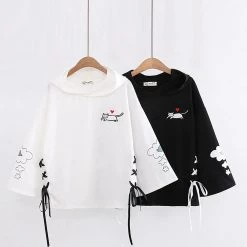 Juwas Kawaii Kitty Print Laced Hoodie