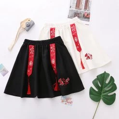 Juwas Fish Embroidery Tassels Elastic Waist Skirt CLOTHING