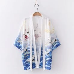 Juwas Crane Print Kimono Outerwear Sun Protective