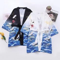Juwas Crane Print Kimono Outerwear Sun Protective