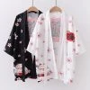 Juwas Lucky Cat Sakura Print Japanese Kimono Outerwear Sun Protective CLOTHING
