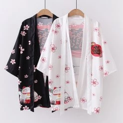 Juwas Lucky Cat Sakura Print Japanese Kimono Outerwear Sun Protective CLOTHING
