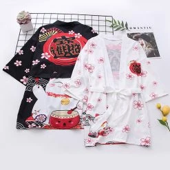 Juwas Lucky Cat Sakura Print Japanese Kimono Outerwear Sun Protective CLOTHING