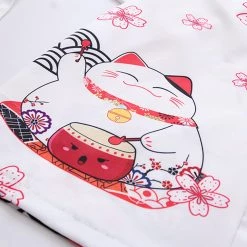 Juwas Lucky Cat Sakura Print Japanese Kimono Outerwear Sun Protective CLOTHING