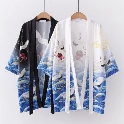 Juwas Crane Print Kimono Outerwear Sun Protective