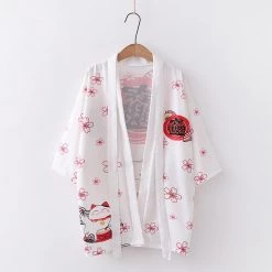 Juwas Lucky Cat Sakura Print Japanese Kimono Outerwear Sun Protective CLOTHING