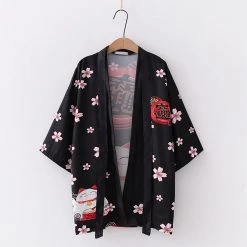 Juwas Lucky Cat Sakura Print Japanese Kimono Outerwear Sun Protective CLOTHING