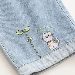 Juwas Sailor Collar Top And Cat Print Denim Jeans NEW ARRIVAL