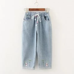 Juwas Sailor Collar Top And Cat Print Denim Jeans NEW ARRIVAL