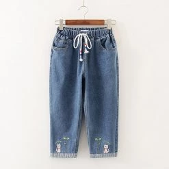 Juwas Sailor Collar Top And Cat Print Denim Jeans NEW ARRIVAL