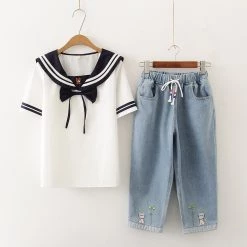 Juwas Sailor Collar Top And Cat Print Denim Jeans NEW ARRIVAL