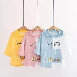 Juwas Kawaii “Give” Cat Loose T-shirt CLOTHING