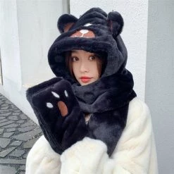 Juwas Cute Bear Hooded Scarf Gloves