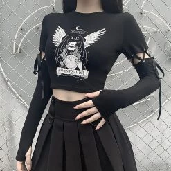 Juwas Gothic Angel Black Long Sleeve Crop Top NEW ARRIVAL