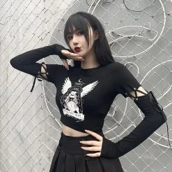 Juwas Gothic Angel Black Long Sleeve Crop Top NEW ARRIVAL