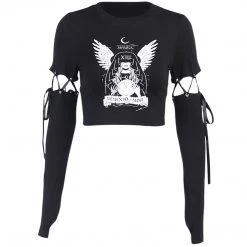 Juwas Gothic Angel Black Long Sleeve Crop Top NEW ARRIVAL